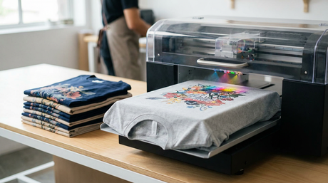 DTG printing cost per shirt: a direct-to-garment printer printing a full-color design on a folded tee beside a stack of printed shirts