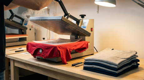 Heat press vs screen printing: clamshell heat press pressing a design onto a red tee