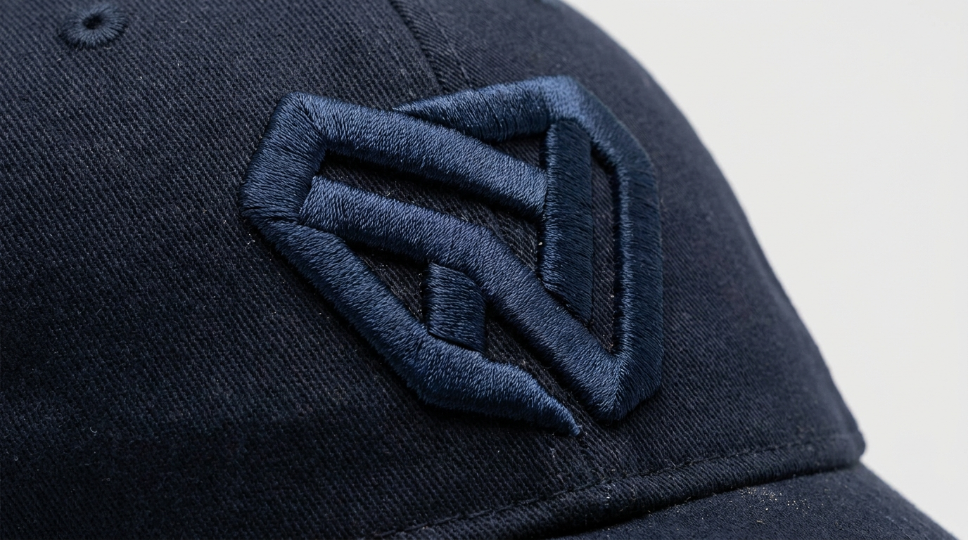 Puff embroidery close-up: raised 3D embroidered emblem on a structured navy cap