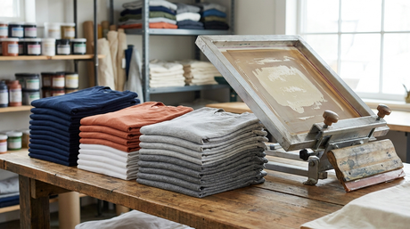 Screen printing cost: stacks of screen printed t-shirts in navy, orange, white, and gray beside a manual screen printing press