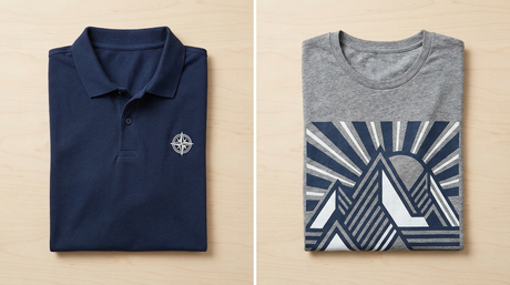 Screen printing vs embroidery: embroidered navy polo beside a screen printed gray tee