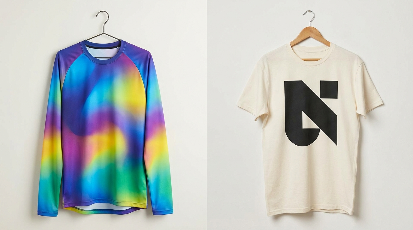 Sublimation vs screen printing: all-over printed jersey beside a screen printed cotton tee