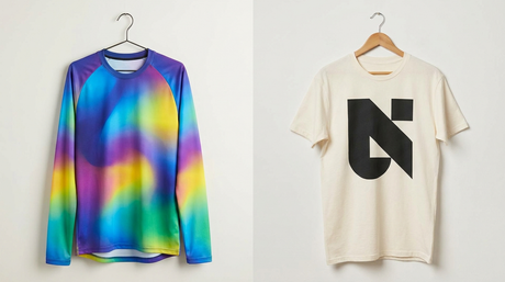 Sublimation vs screen printing: all-over printed jersey beside a screen printed cotton tee