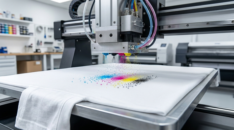 What is DTG printing: direct-to-garment printer printing a full-color design on a white tee