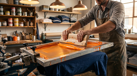What is screen printing: squeegee pulling orange ink across a mesh screen onto a navy tee