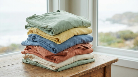 Why is Comfort Colors so popular: stack of garment-dyed tees in earthy pastel tones