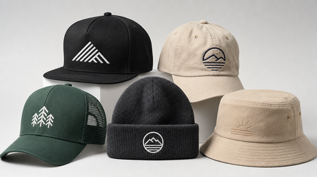 Five custom embroidered hats arranged for product photography: black snapback, beige washed cotton dad hat, green retro trucker, charcoal cuffed beanie, and tan bucket hat, all with simple custom logos