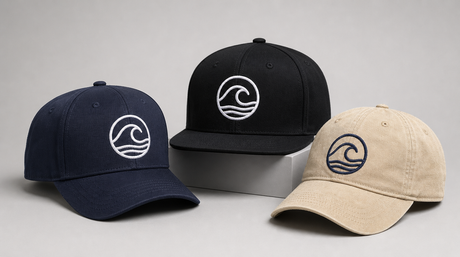 Three custom embroidered baseball caps arranged for product photography: structured navy 6-panel cap with white embroidered front logo, black flat-brim snapback, and beige washed cotton dad hat with navy logo