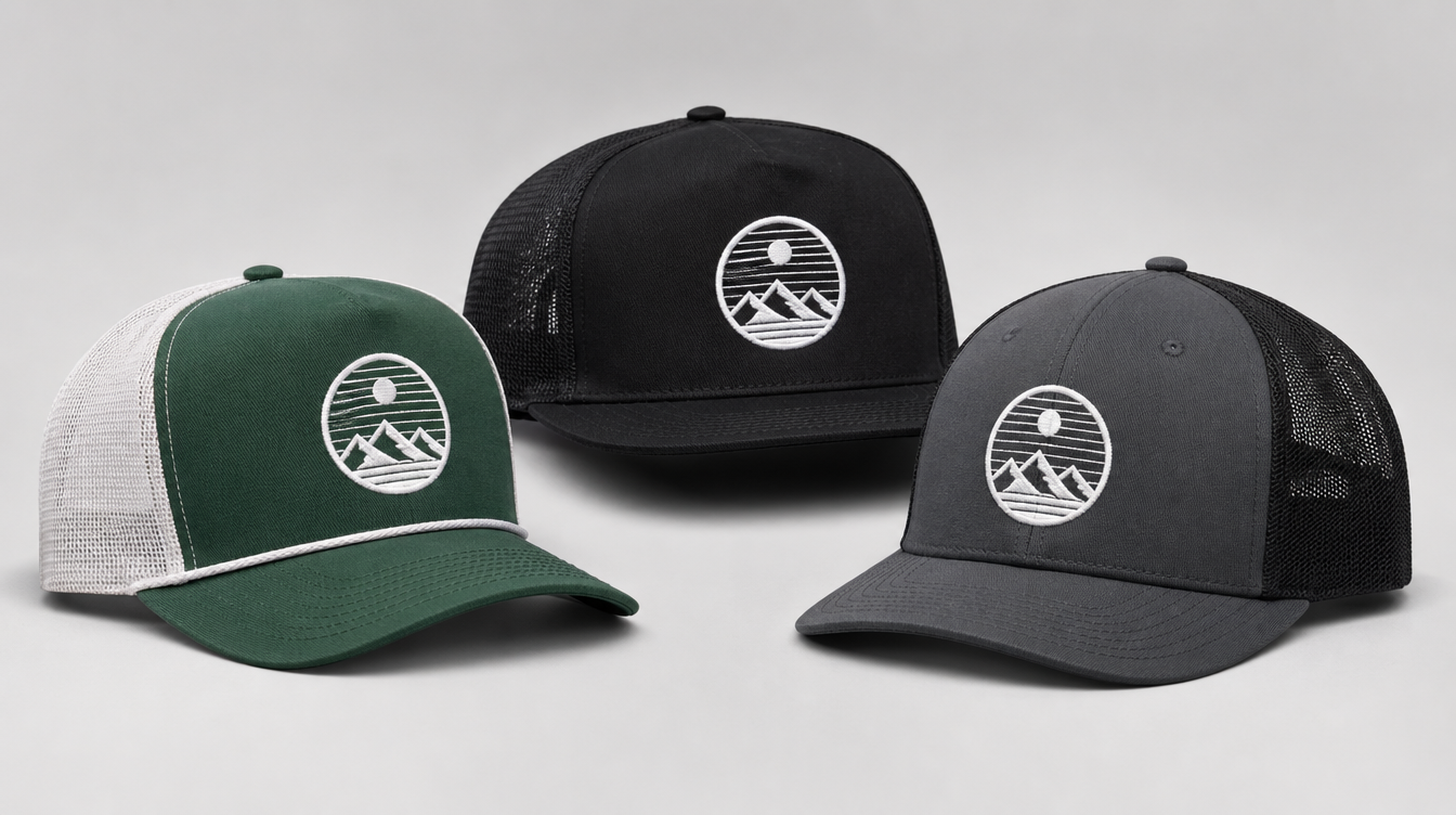 Three custom embroidered trucker hats arranged for product photography: green and white retro trucker with mesh back, black five-panel trucker, and charcoal modern trucker, all with simple custom embroidered logos