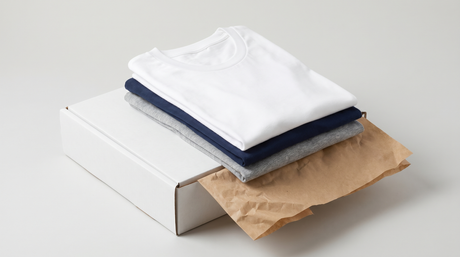 Custom t-shirts ready to ship - folded apparel in branded packaging from a USA fulfillment center