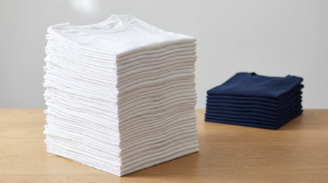 Tall stack of custom bulk t-shirts ready for fulfillment - 50 plus folded cotton shirts at a USA print shop