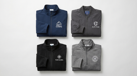 Four custom embroidered jackets no minimum: Columbia softshell, Champion bomber, Columbia fleece, adidas quarter-zip arranged for B2B uniform photography