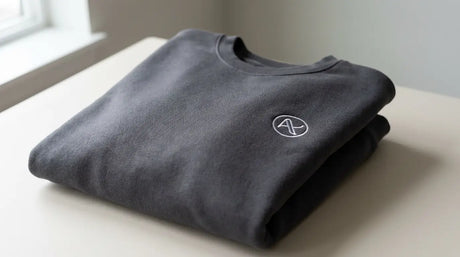 Custom embroidered sweatshirt, a charcoal fleece crewneck with a white stitched left chest logo