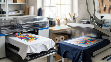 DTG vs DTF printing side by side: DTG printer printing a white tee and a DTF transfer being heat pressed onto a navy tee