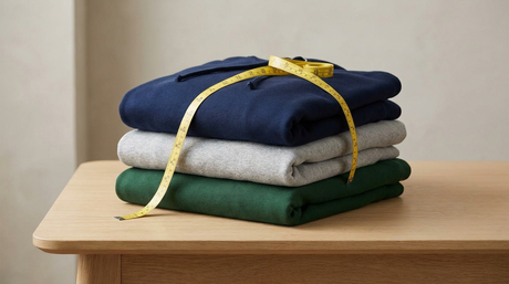 Hoodie size chart guide: folded heavyweight hoodies in navy, gray and green with a measuring tape