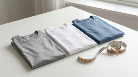 Bella Canvas size chart guide: retail-fit unisex tees folded beside a tailor measuring tape