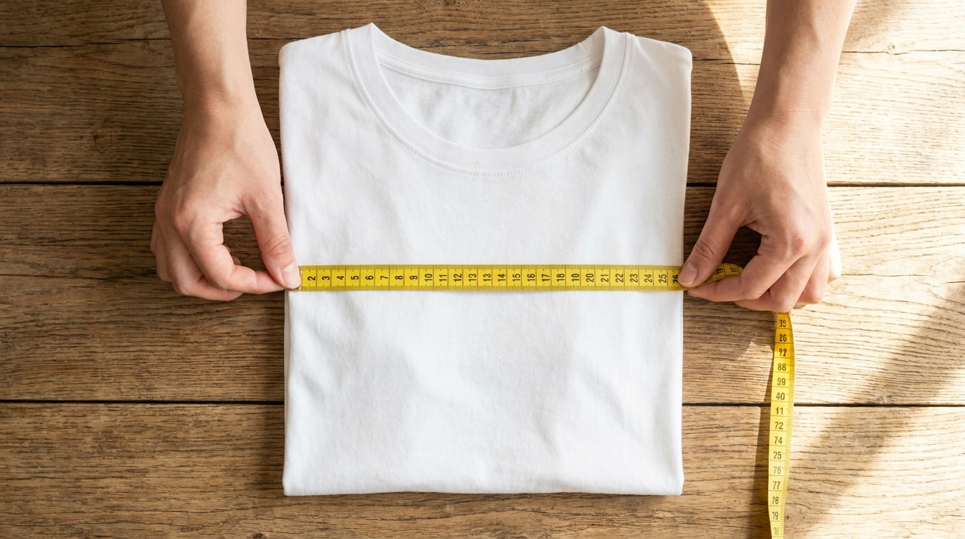 How to measure shirt size: measuring a flat-laid t-shirt across the chest with a tailor tape