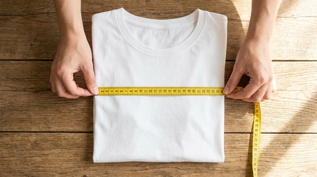 How to measure shirt size: measuring a flat-laid t-shirt across the chest with a tailor tape