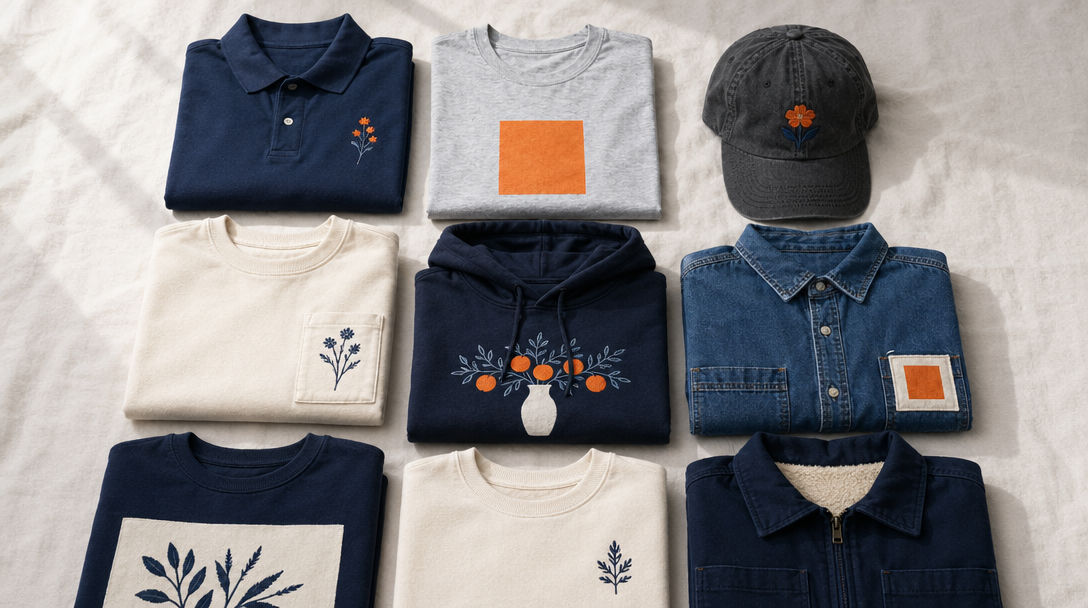 Editorial flat-lay of nine folded custom-decorated apparel items
