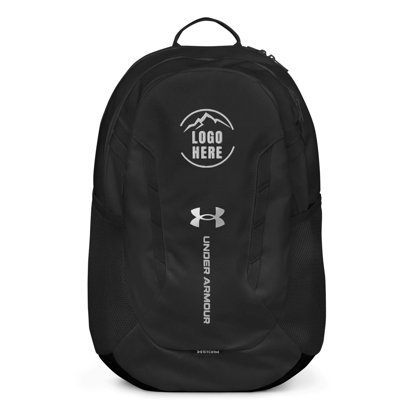 Custom backpacks with logo: a black Under Armour pack with an embroidered left-chest mark