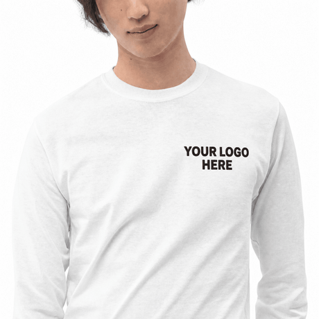 Custom Men's Gildan embroidered long sleeve T-shirt with black YOUR LOGO HERE left-chest stitching