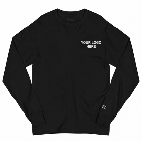 Custom women's Champion embroidered long sleeve T-shirt with white YOUR LOGO HERE left-chest stitching