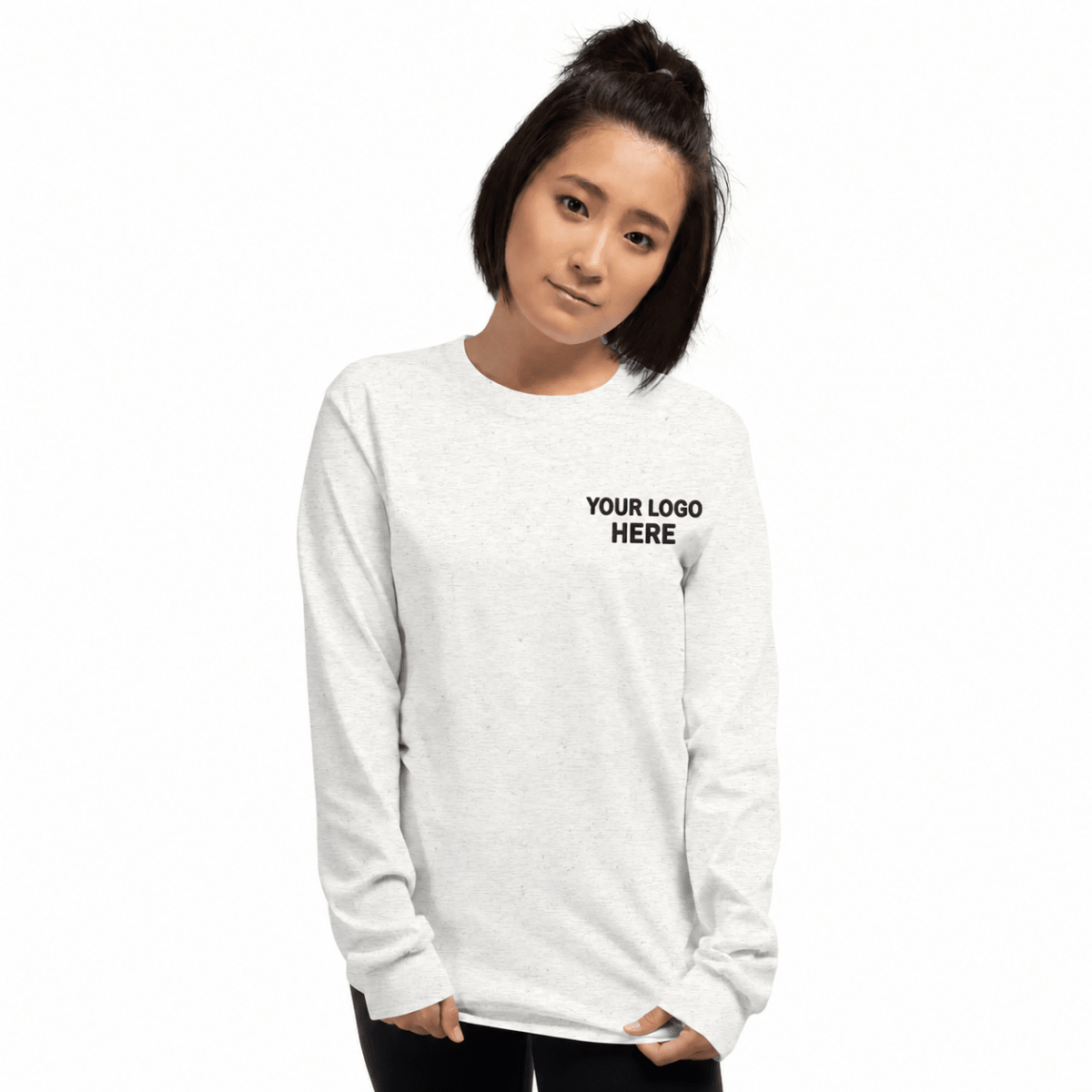 Custom women's Gildan embroidered long sleeve T-shirt with black YOUR LOGO HERE left-chest stitching