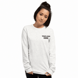 Custom women's Gildan embroidered long sleeve T-shirt with black YOUR LOGO HERE left-chest stitching