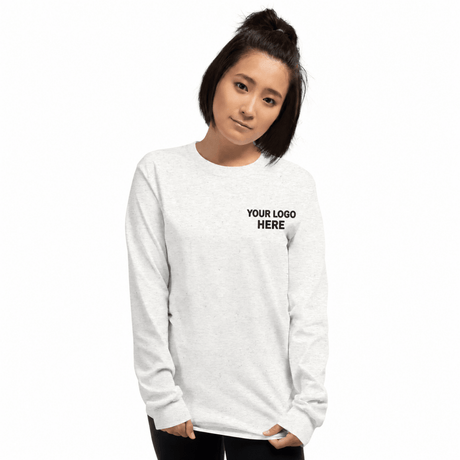 Custom women's Gildan embroidered long sleeve T-shirt with black YOUR LOGO HERE left-chest stitching
