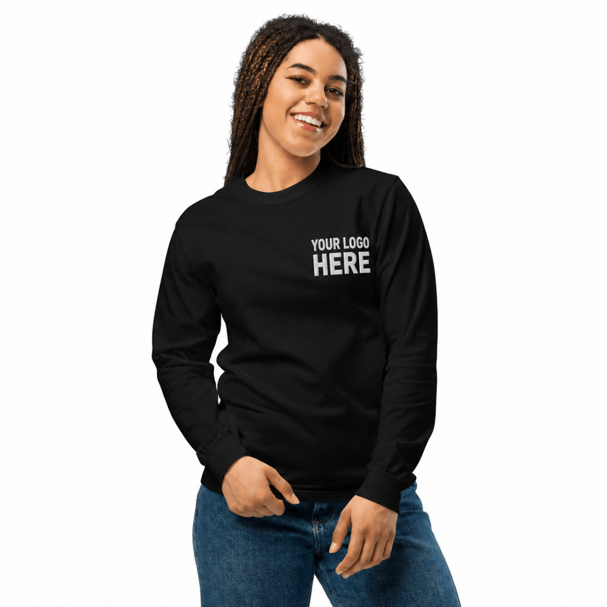 Custom women's Comfort Colors embroidered long sleeve T-shirt with white YOUR LOGO HERE left-chest stitching