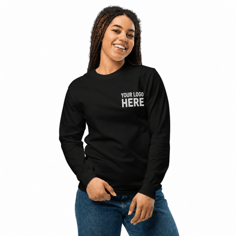 Custom women's Comfort Colors embroidered long sleeve T-shirt with white YOUR LOGO HERE left-chest stitching