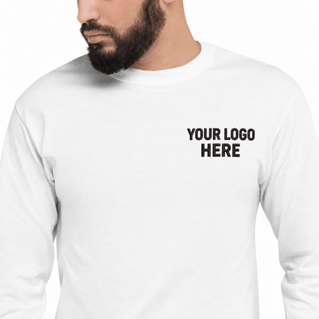 Custom men's Champion embroidered long sleeve T-shirt with black YOUR LOGO HERE left-chest stitching