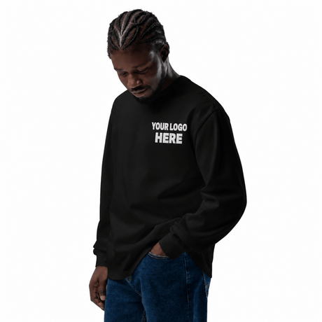 Custom men's AS Colour embroidered heavyweight long sleeve T-shirt with white YOUR LOGO HERE left-chest stitching