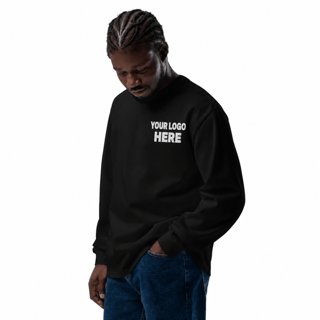 Custom men's AS Colour embroidered heavyweight long sleeve T-shirt with white YOUR LOGO HERE left-chest stitching