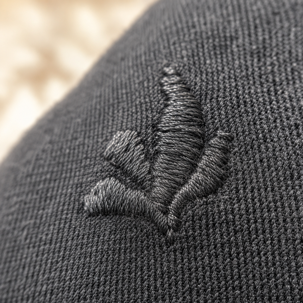 Close-up of an embroidered logo stitched into a shirt