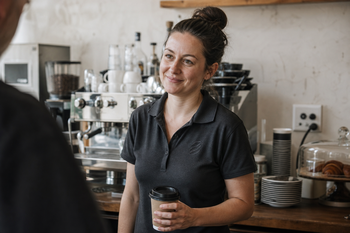 A restaurant owner wearing a custom embroidered shirt