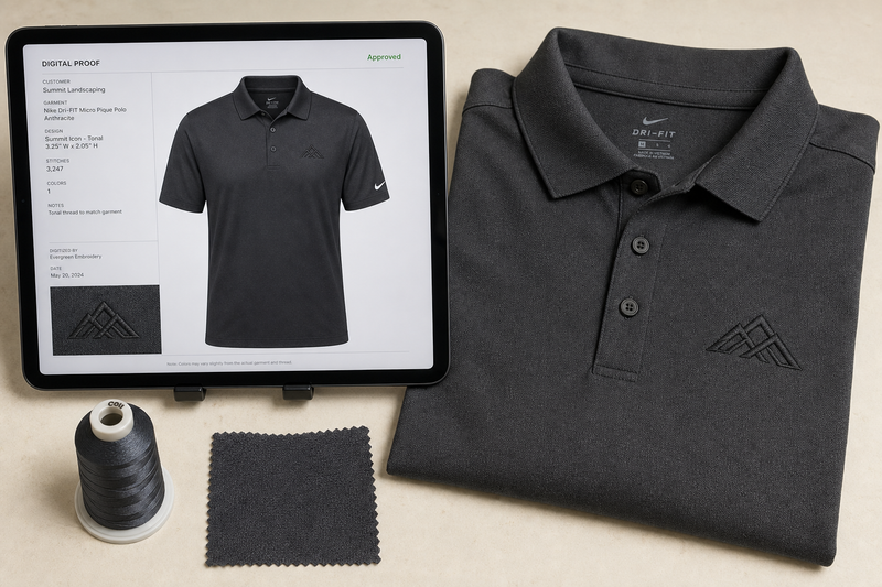 A free digital proof of a custom shirt logo on a tablet