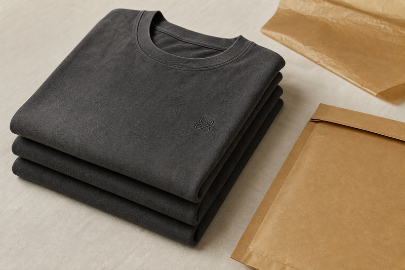 Finished custom embroidered shirts folded and ready to ship