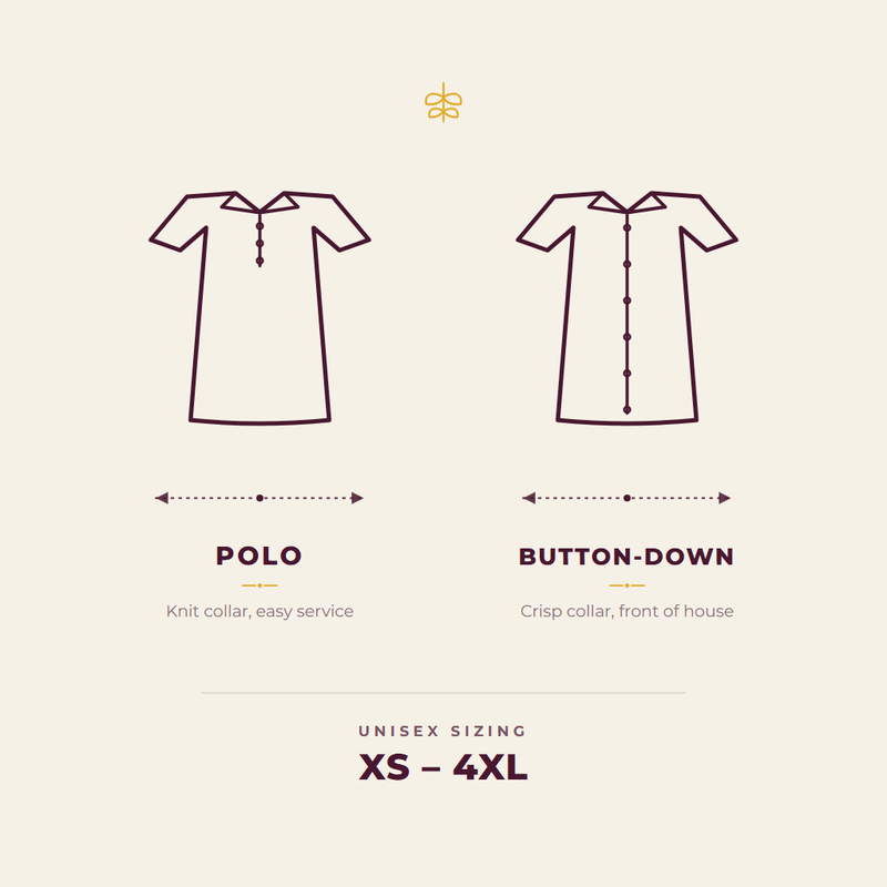 Shirt fit guide comparing a polo and a button-down, unisex XS to 4XL