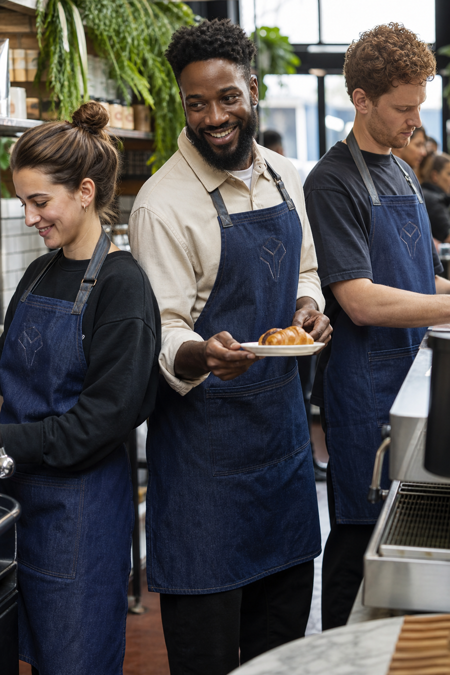A team wearing matching custom aprons