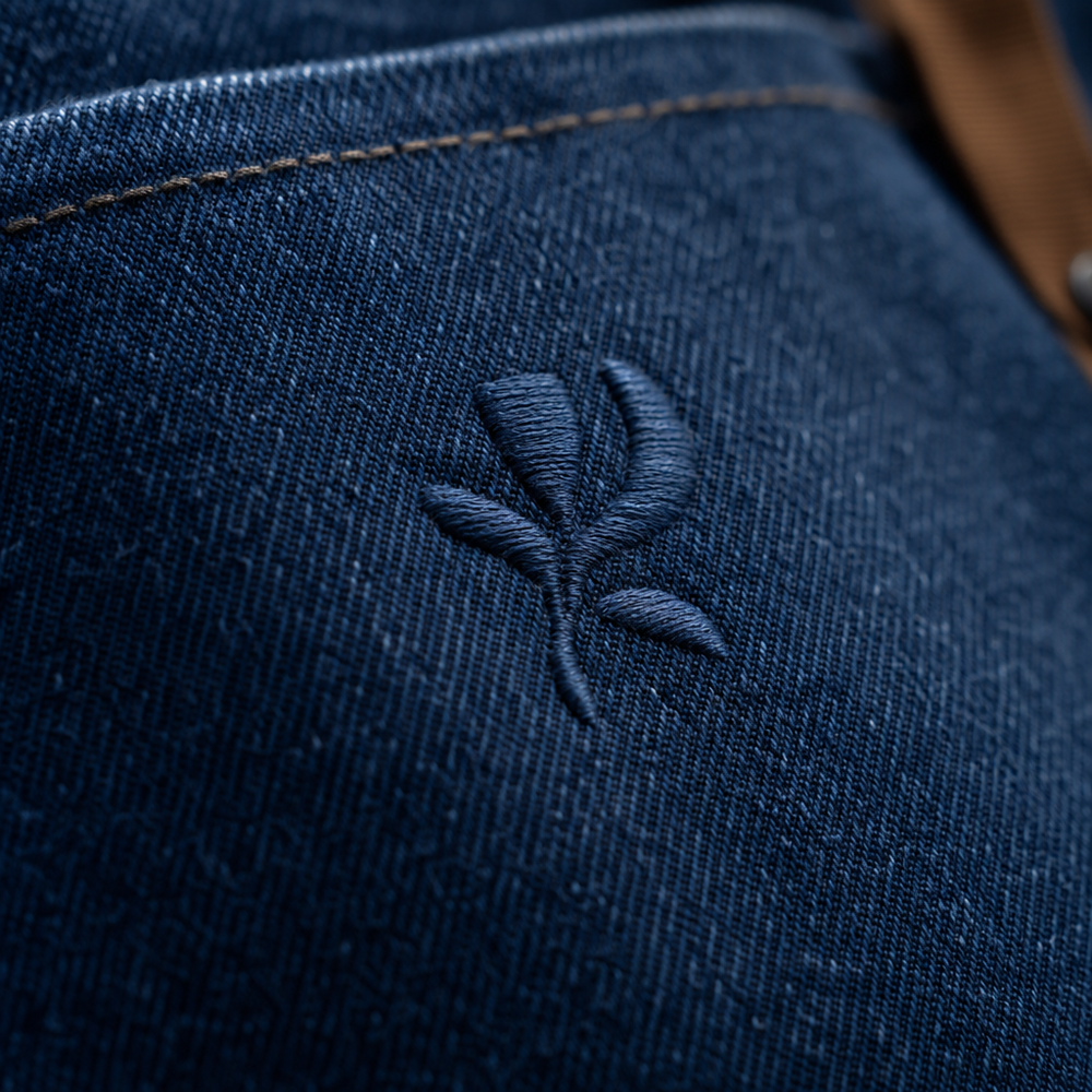 Close-up of an embroidered logo on a apron