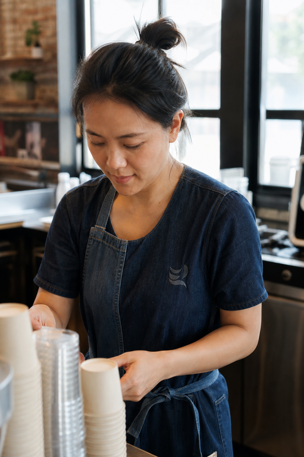A cafe owner wearing a custom embroidered apron