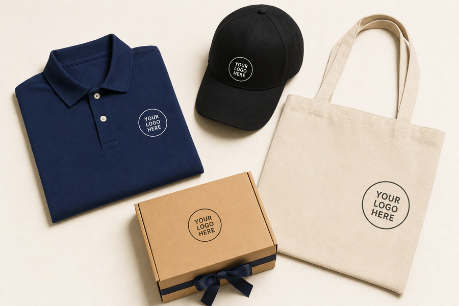 Branded apparel welcome kit flatlay