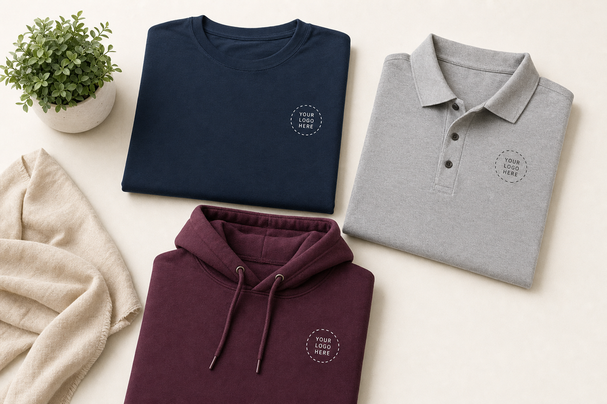 Custom apparel flatlay: folded t-shirt, polo and hoodie with your-logo-here placeholder