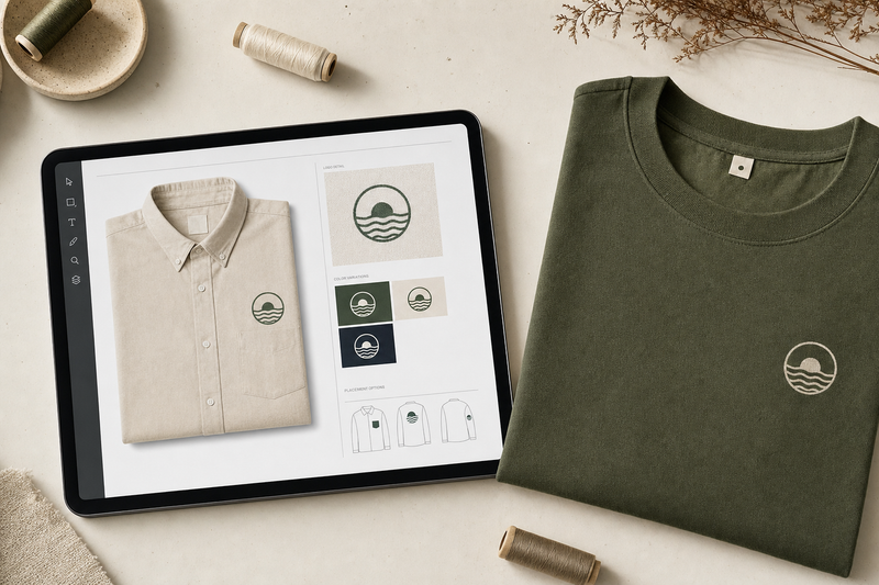 Digital logo proof of custom apparel on a tablet