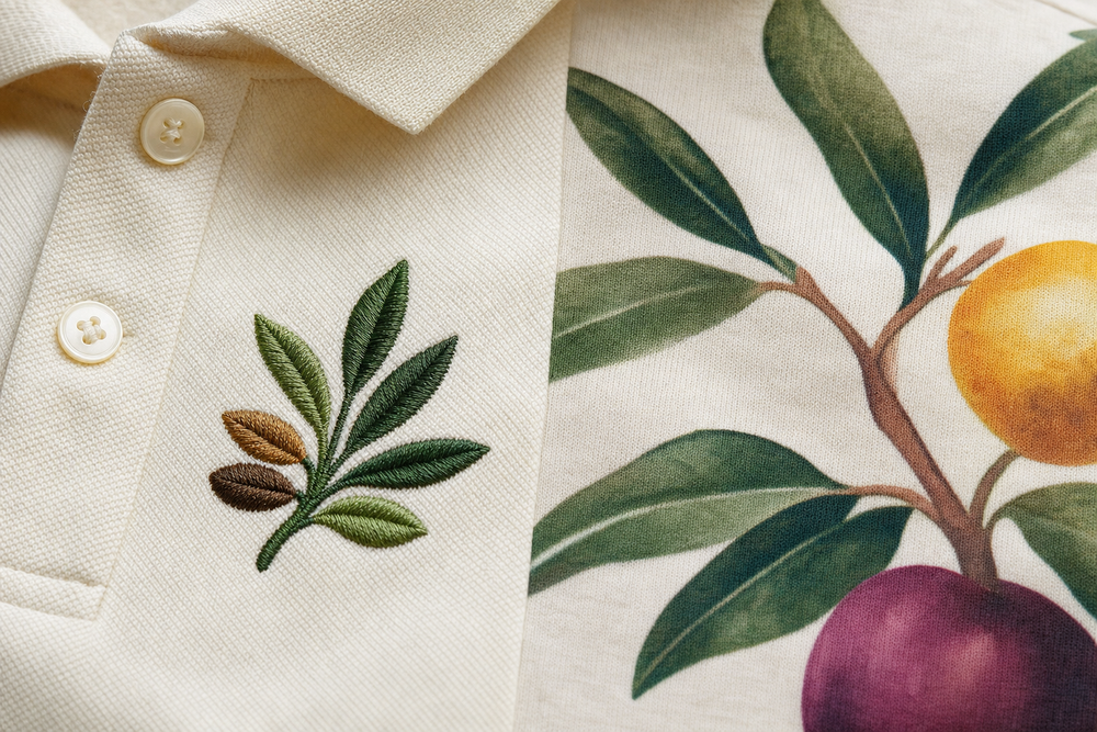 Close-up of embroidery and print on custom apparel