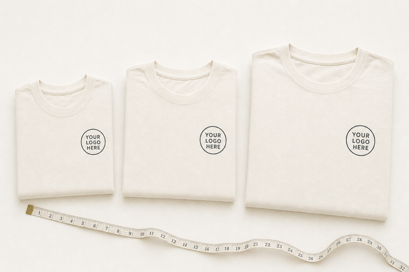 Custom apparel shown in three sizes with your-logo-here placeholder