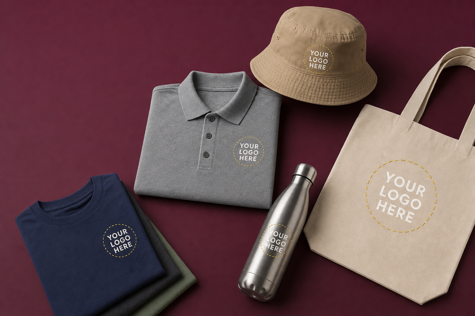 Arklavo custom branded apparel flat lay with your logo here placeholder