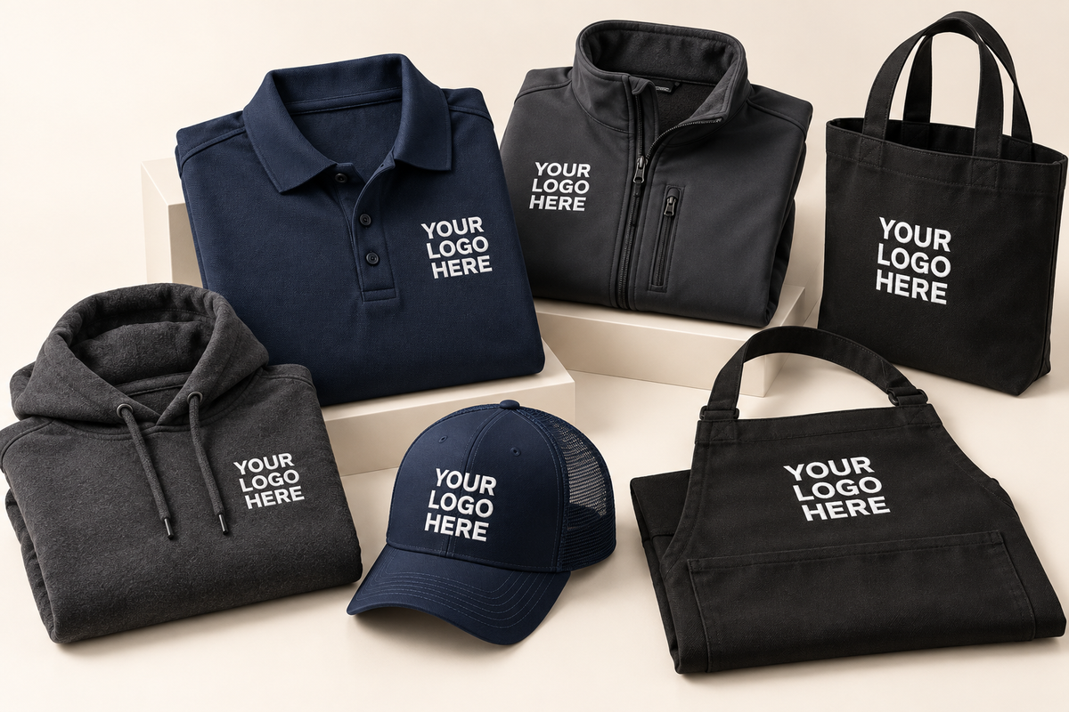 Navy polo and cap, charcoal jacket and hoodie, black apron and tote on cream studio blocks, with white YOUR LOGO HERE text.