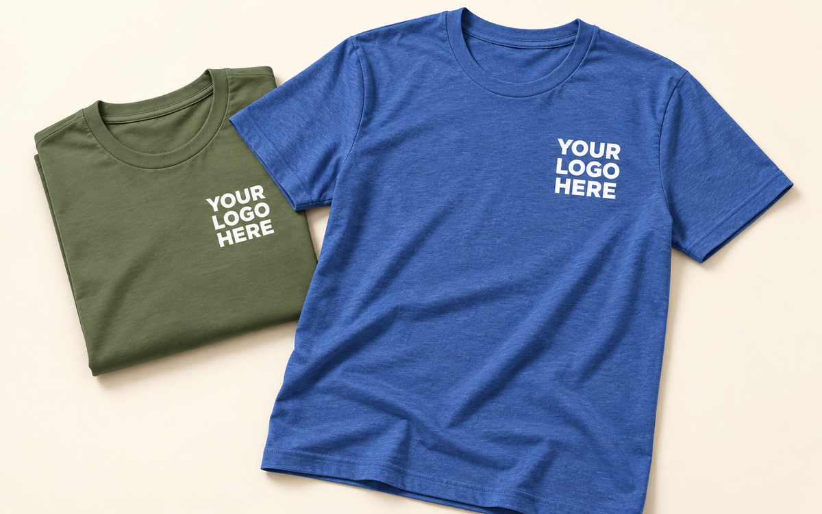 Royal-blue crewneck T-shirt beside a folded olive T-shirt, both with white YOUR LOGO HERE on the left chest.